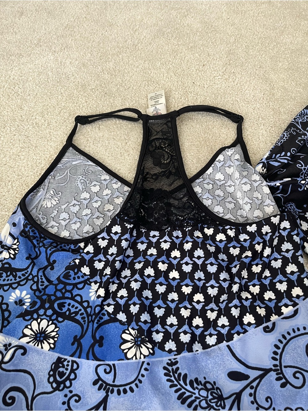 Blue & Black Floral Patchwork Tank and Flared Pants lounge Pajama Set - Picture 4 of 6